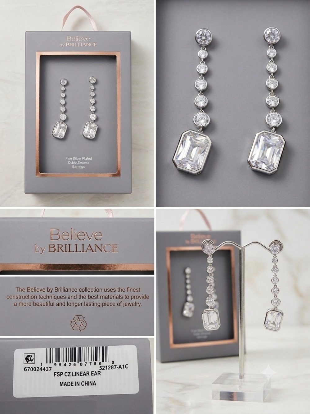 NWT Believe by Brilliance Fine Silver Plated CZ Linear Drop Earrings